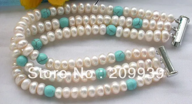 

huij 00278 Nice 3row white round freshwater pearl turquoise bracelet