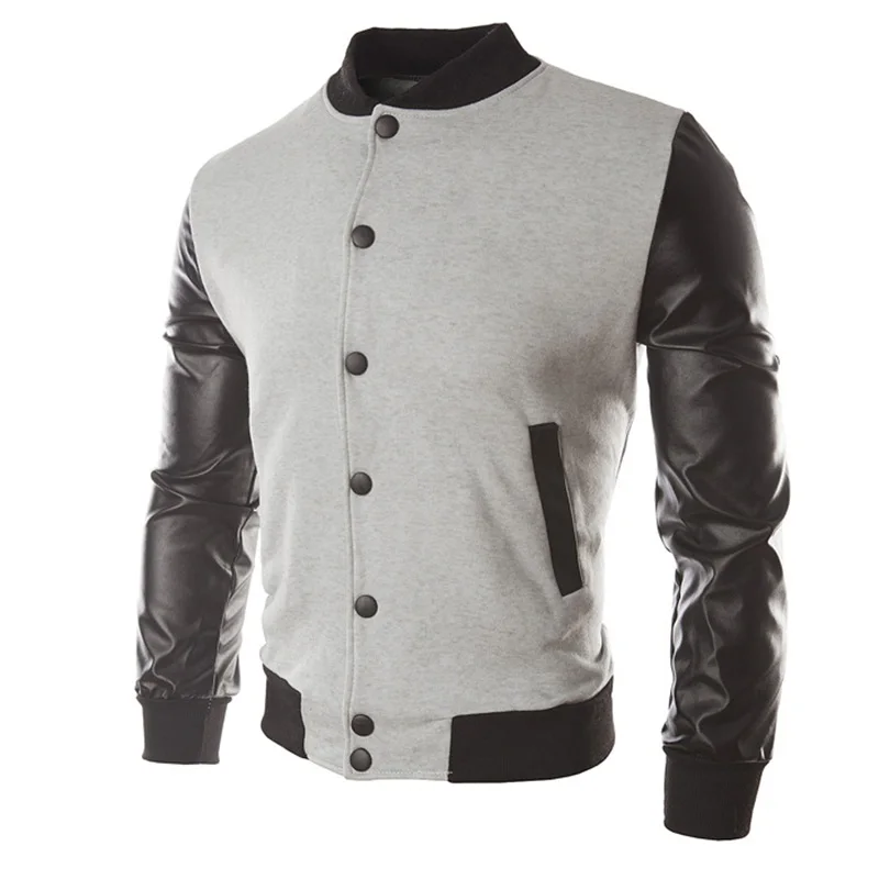 Крутая бейсбольная куртка в стиле колледж для мужчин модный дизайн черный PU кожаный рукав для мужчин s Slim Fit университетская куртка бренд Veste Homme XXXL - Цвет: Lt Gray