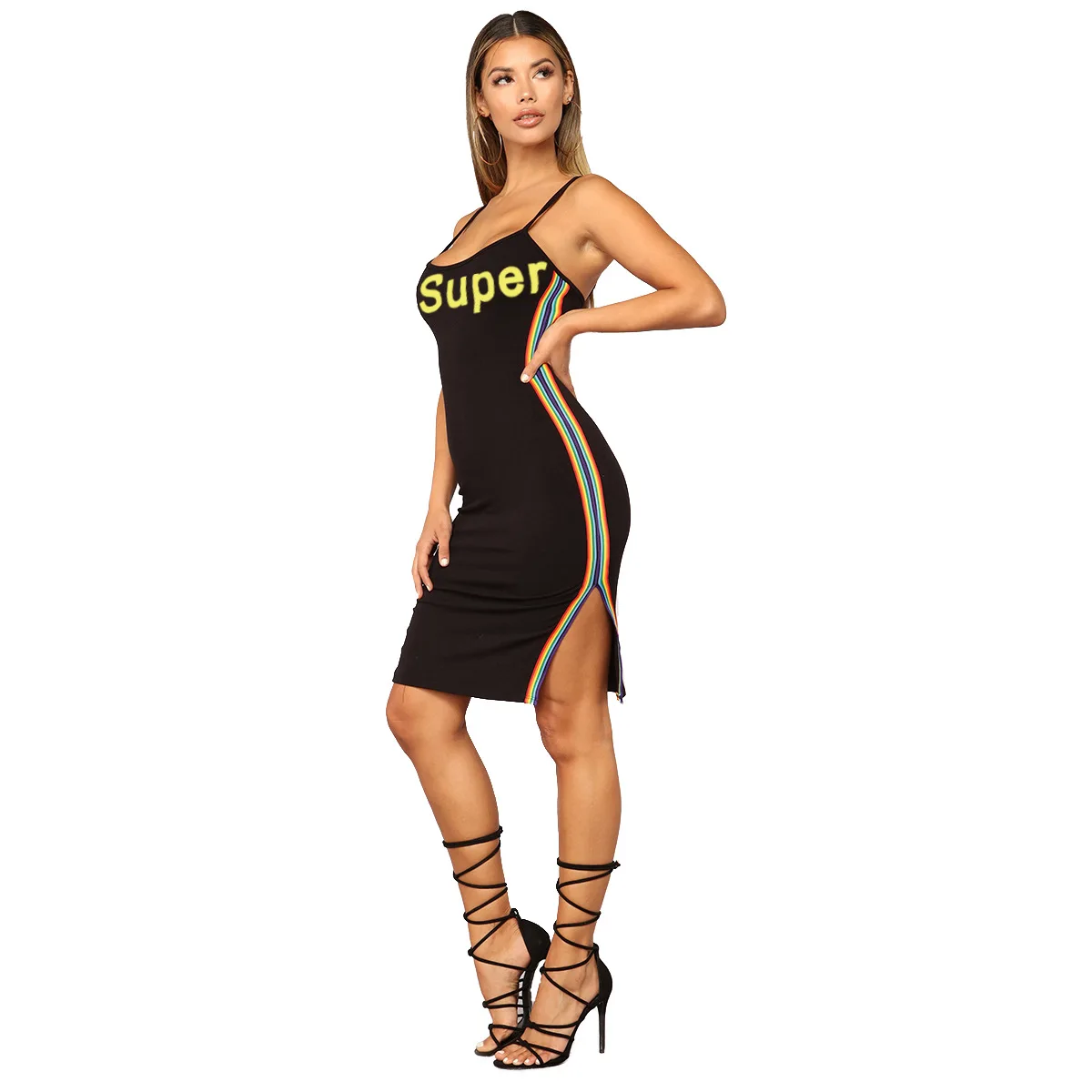 

Letter Print Spaghetti Strap Sexy Dress 2019 Women Summer Sleeveless V-Neck Split Mini Bodycon Dress Backless Casual Dress