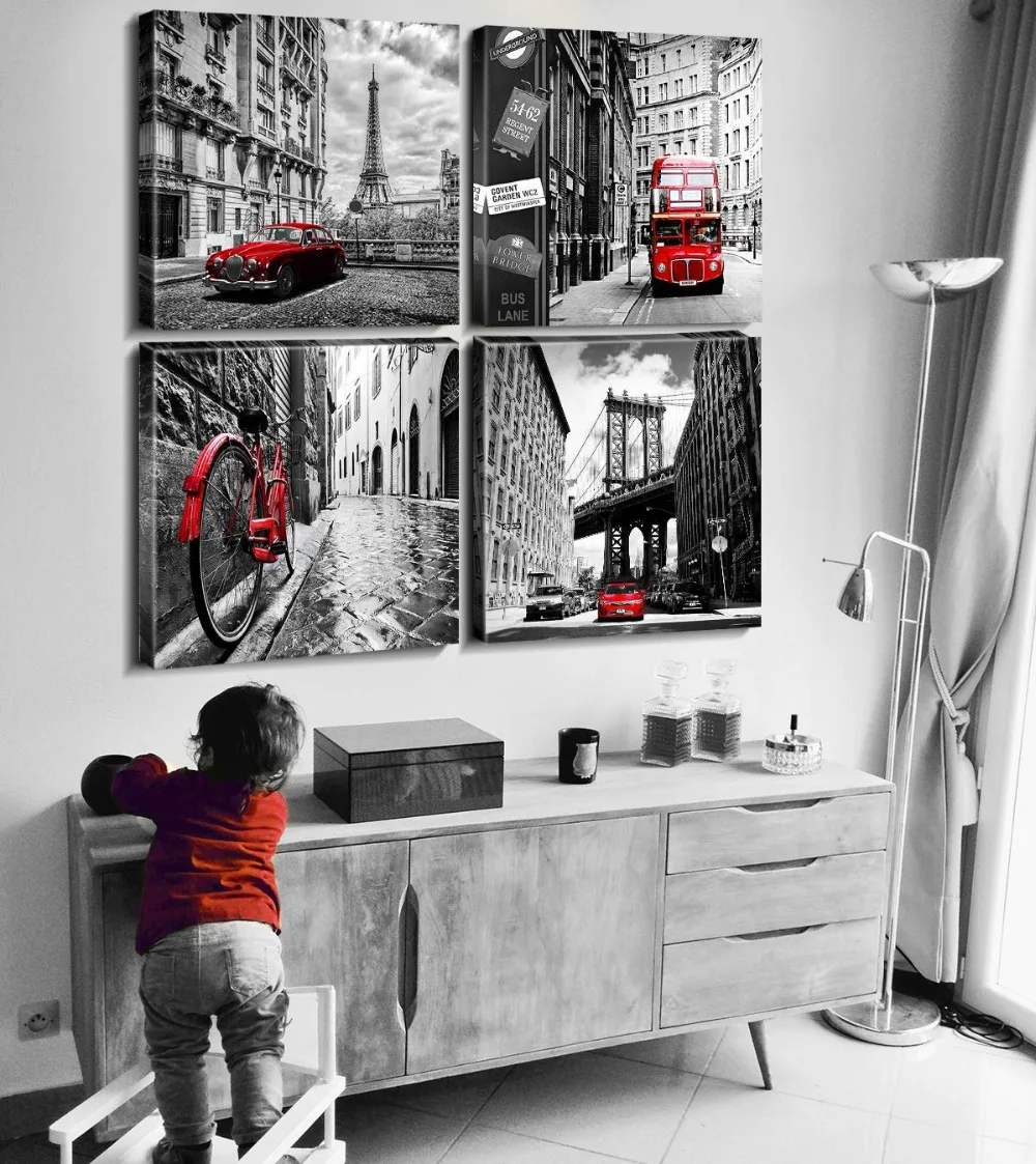 Алмазная картина наборы для вышивки крестиком "Черно-Белая настенная живопись город Париж здания красные автомобили дома украшения набор из 4 штук"