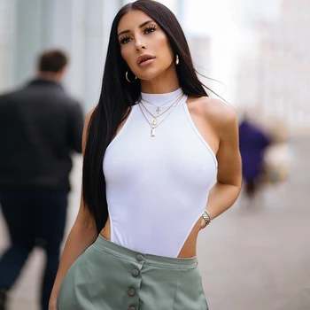 

Sexy Bodycon High Cut Halter Bodysuit for Women Sleeveless Cute Ladies Neon Green Ribbed Sleeveless Skinny Bodysuits Plus Size