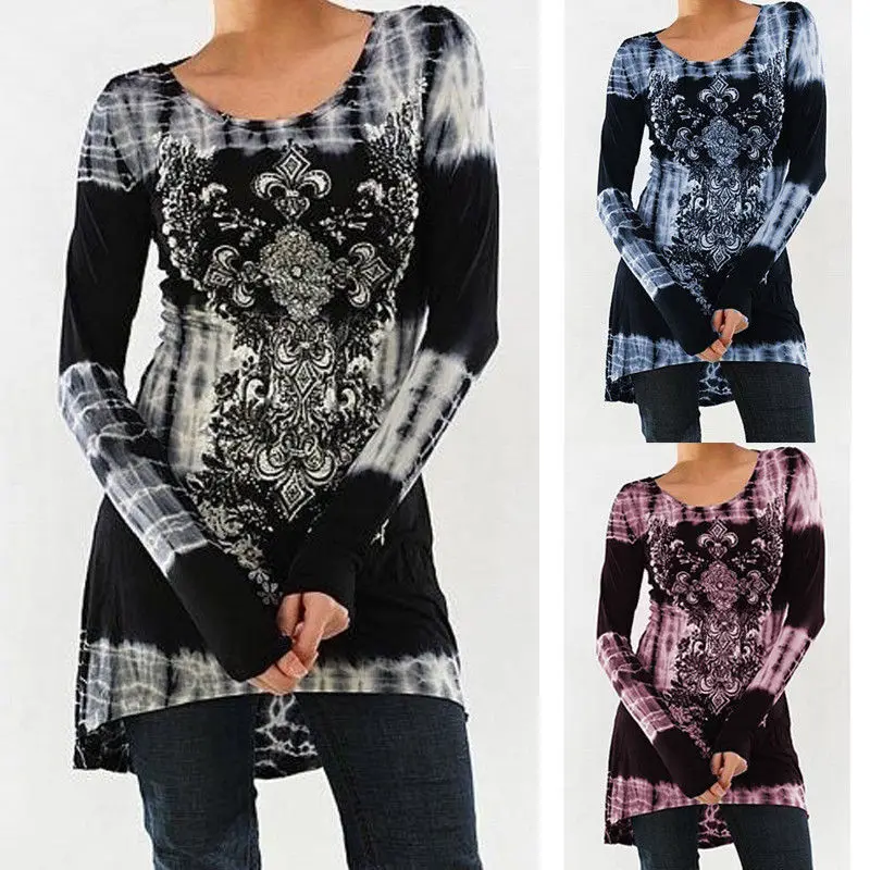 

2018 Brand New Women's Fashion Long Sleeve O-neck Printing T-shirt Slim High Waist Tie Dye Tops Plus Size