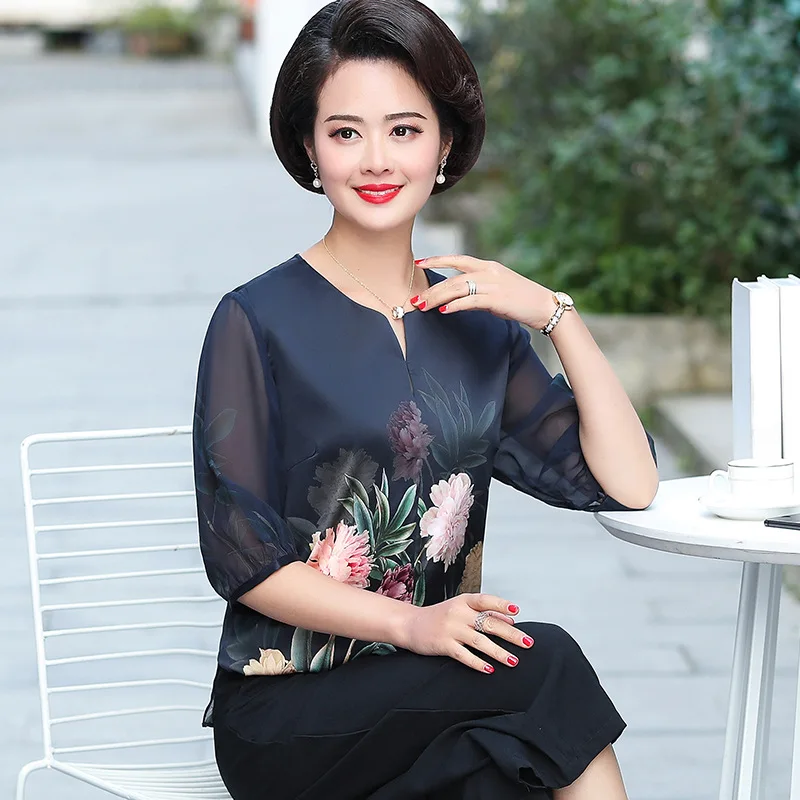 

Mother 2019 Spring Summer Shirt Middle-aged Women's Silk Big Size Top XL 2XL 3XL 4XL