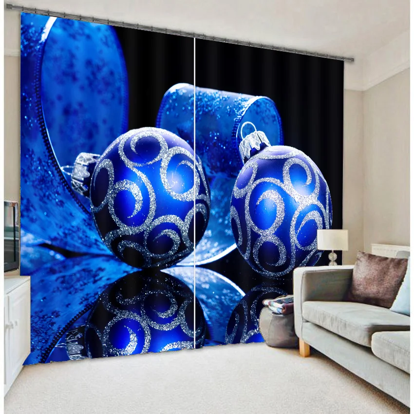 

Blue Christmas balls dimensional printing photos curtains