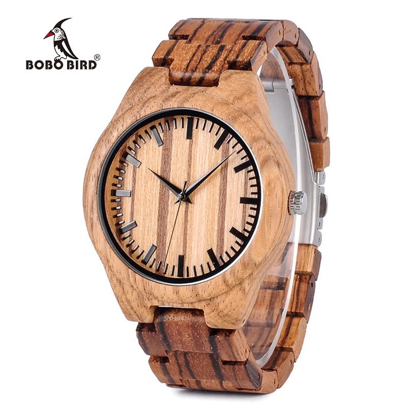 BOBO BIRD Mens Zebrawood Wooden Watches with Wood Strap Quartz Analog with Quality Miyota Movement Tri-Fold Clasp