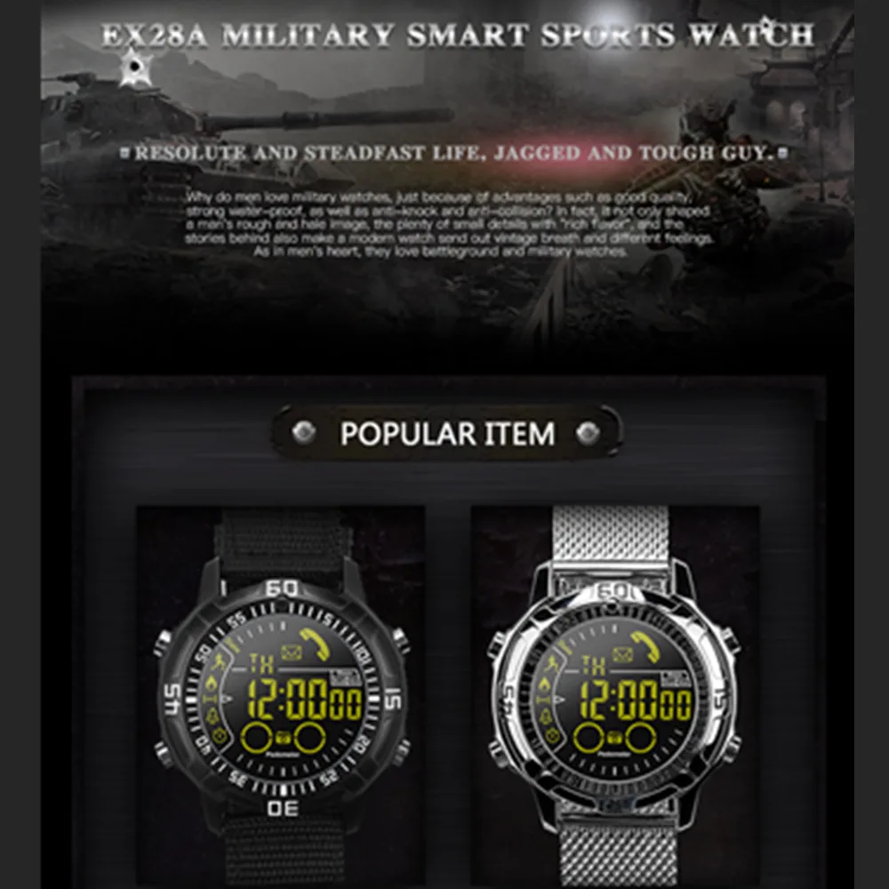 

OGEDA 2018 military Smart Men sport Watch EX28 Waterproof Bluetooth Pedometer Stopwatch Call SMS Reminder For IOS Android