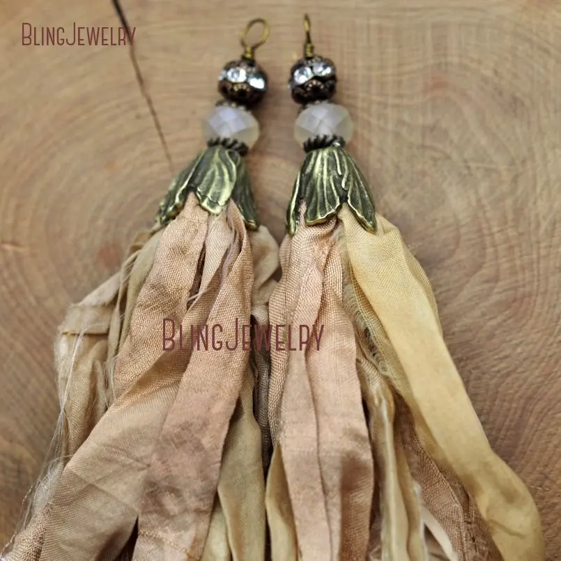 Papaya Whip Sari Silk Tassel Pendant Electroplating Bronze Cap and Matte Crystal Rondelle Accent PM8974 | Украшения и аксессуары