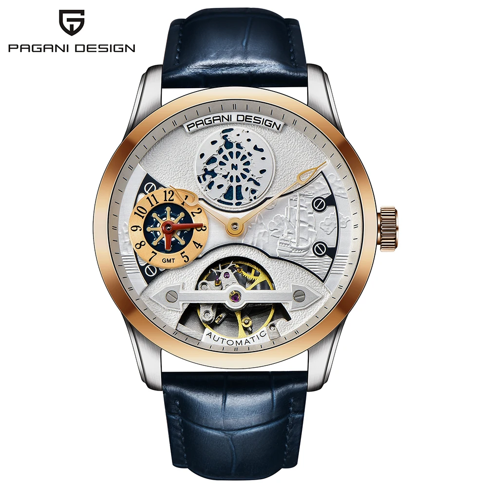 Новые модные часы PAGANI с кожаным турбийоном, роскошные брендовые автоматические мужские часы, мужские механические стальные часы, мужские часы - Цвет: blue gold white B