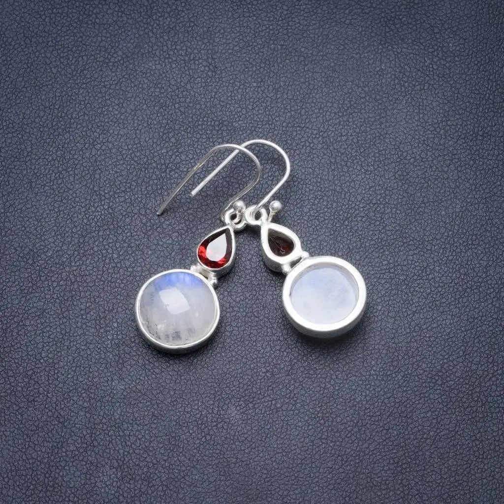 

Natural Rainbow Moonstone and Garnet Handmade Unique 925 Sterling Silver Earrings 1.5" Y2735