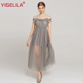 

YIGELILA Summer Women Mesh Party Dress Fashion Slash Neck Spaghetti Strap Empire Slim Ankle Length Backless Long Dress 63853