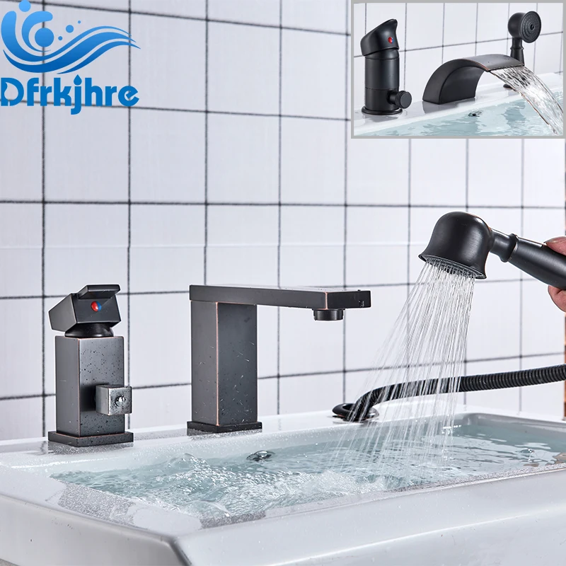 

Oil Rubbed Bronze Waterfall 3pcs Basin Faucet Dual Handles Deck Mounted