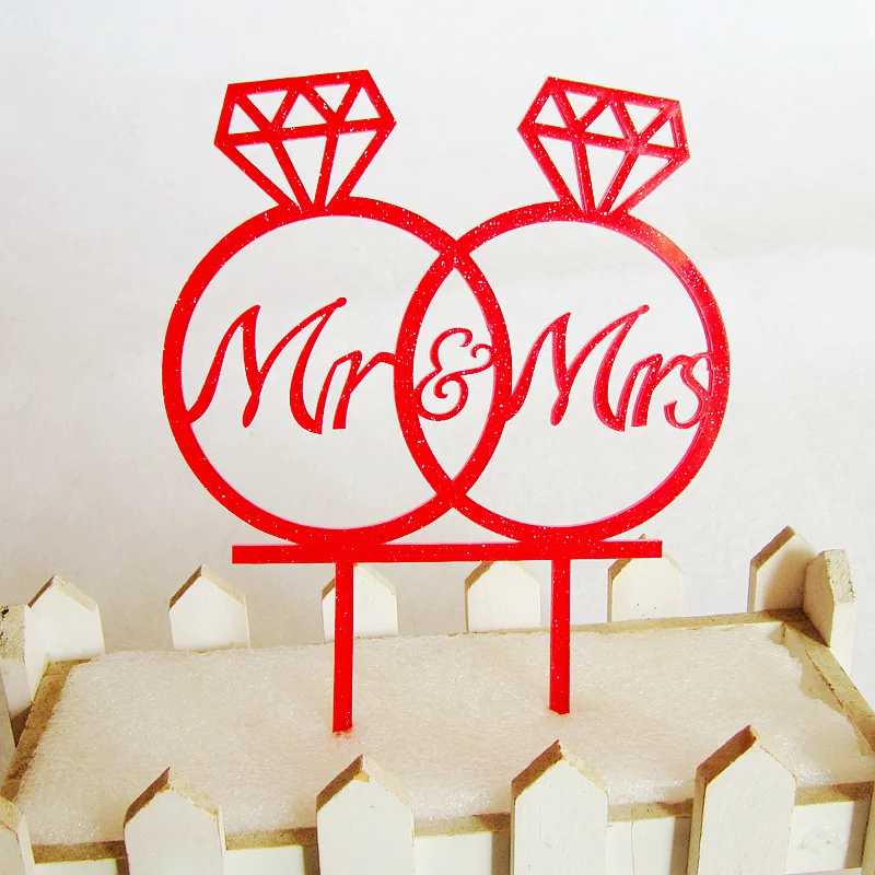 Acrylic Mr & Mrs Love Wedding Cake Flag Topper Gold Red Diamond Ring Cake Flags For Wedding Anniversary Party Cake Baking Decor