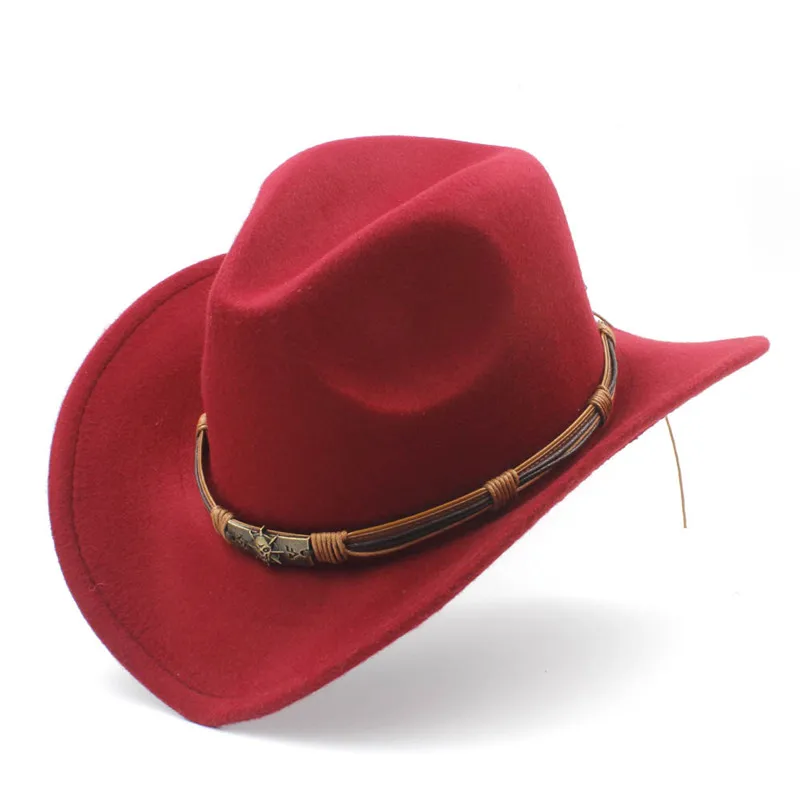 Женская Мужская шерстяная полая ковбойская шляпа с модным поясом размер 56-58 см джентльменская леди Джаз ковбойская Джаз тока сомбреро Кепка - Цвет: Wine red