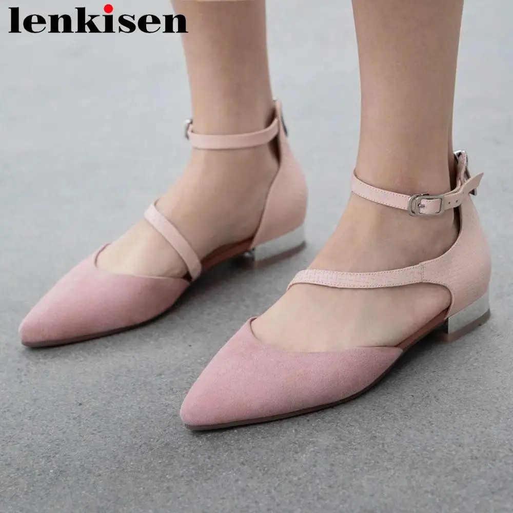 

Lenkisen Mary Janes soft natural leather low heels pointed toe women pumps buckle strap concise style British school shoes L30
