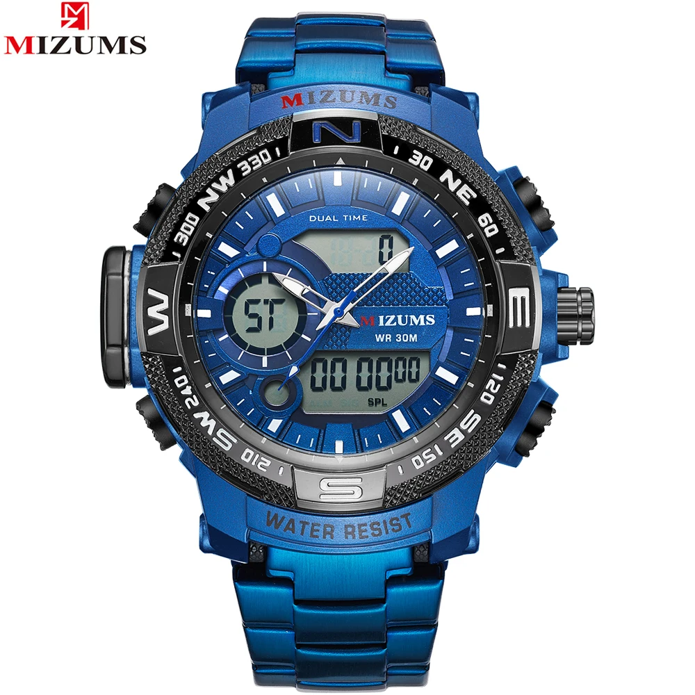

MIZUMS 2018 New Luxury Brand Dual Time Clock Fashion Full Stainless Steel Men's Watch Army Male Sport Wristwatch Waterproof