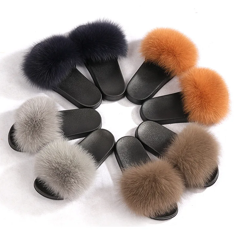 

2019 Women's Furry Slippers Ladies Cute Plush Fox Hair Fluffy Slippers Women's Fur Slippers Sweet girl style slippers