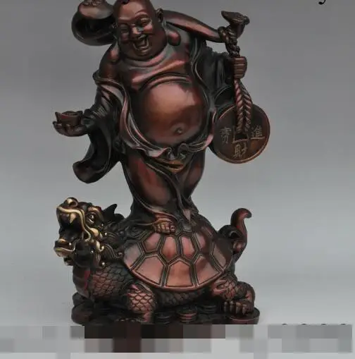 

S00949 14" chinese bronze wealth money coin ingot Maitreya Buddha dragon turtle statue (A0321)