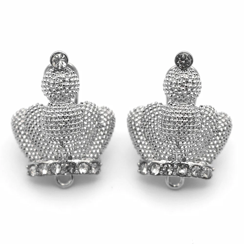 Clip Earrings Post with Loop Hanger Paved Rhinestone CZ Crown Shape DIY Metal Stud Findings 19x25mm 10 Pairs | Украшения и