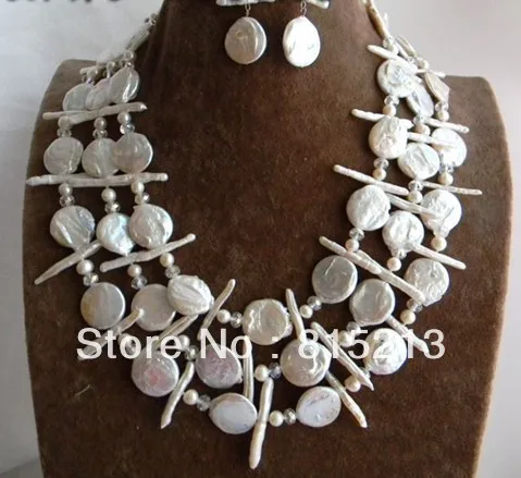 

ddh00779 3Strands 18'' 18mm White Coin Biwa Round Freshwater Pearl Necklace Earring Set