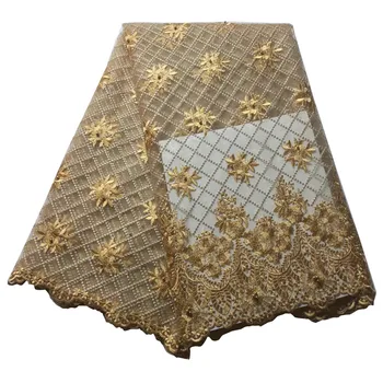 

HFX Nigeria Wedding Dress Fashion Beaded Tulle Embroidered High Quality Gold French Lace Fabric X566-1