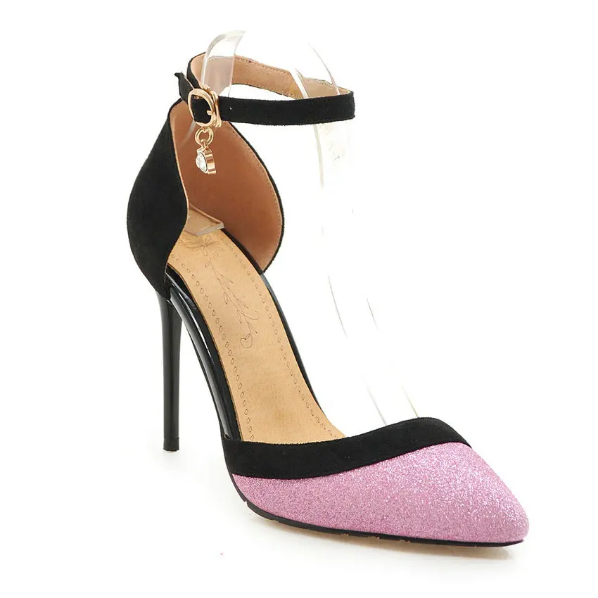 QUTAA/ г.; модные женские туфли-лодочки с украшениями; Универсальные женские туфли-лодочки из флока с пряжкой на высоком тонком каблуке с острым носком; размеры 34-43 - Цвет: Розовый