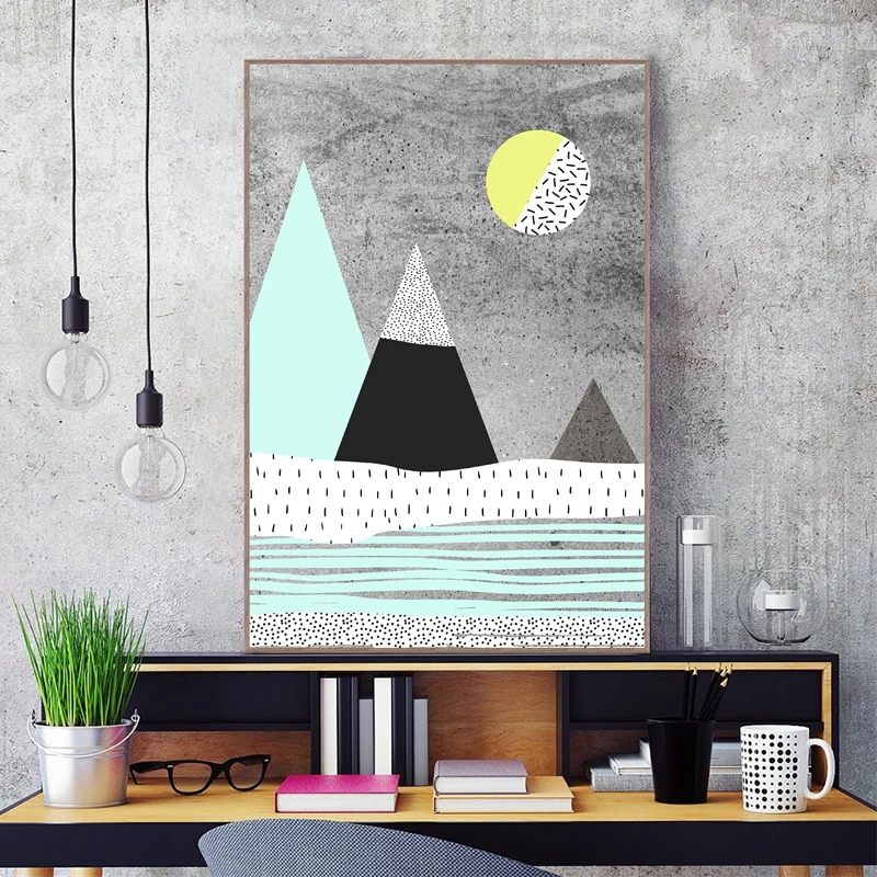 Modern-And-Trendy-Abstract-Poster-Canvas-Painting-Home-Decoration-Geometric-Mountains-And-The-Sun-Art-Print