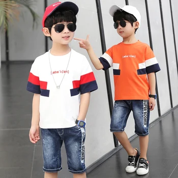 

2019 New Infant Boys Girls Summer Cartoon Striped T Shirt + Denim Shorts Clothes 2pcs Sets Children Kids Hole Jeans Clothing