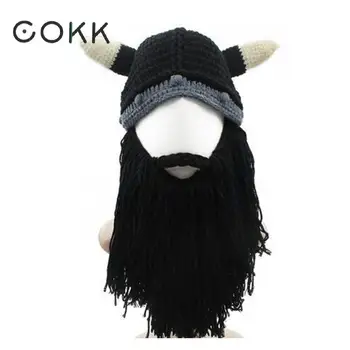 

COKK Funny Man Vikings Beanies Knit Cap Beard Ox Horn Hats Handmade Knitted Men's Winter Hats Warm Caps Women Gift Party Mask