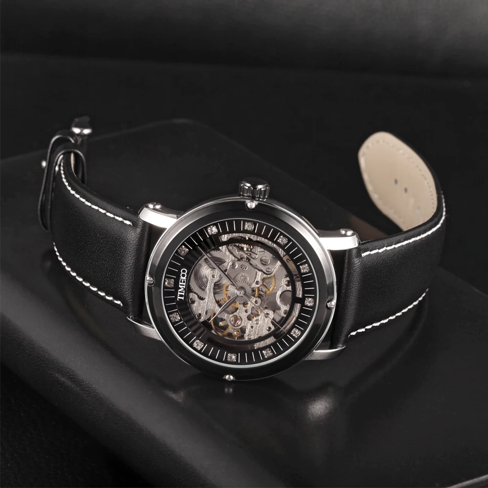 TIME100 мужские Автоматические часы с автоподзаводом Механические часы скелетоны Пространство Черный Кожаный Бизнес повседневные Наручные Часы мужчины