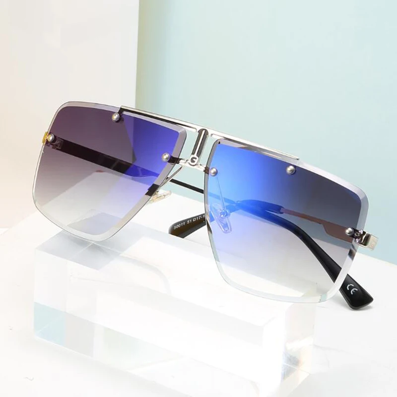

New Arrival Oversized Retro Sunglasses Designer Men 2019 High Quality Clear Blue Rimless Sunglasses Big Shades Pilot Eyewear