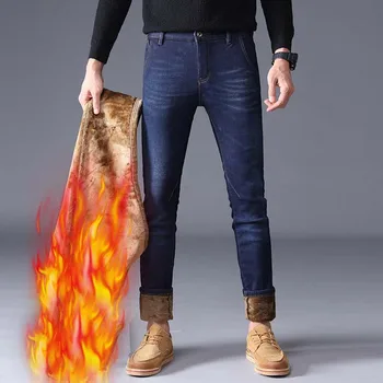 

High Quality Famous Brand Autumn Winter warm flocking warm soft men jeans Straight High Stretch Feet skinny jeans man trousers