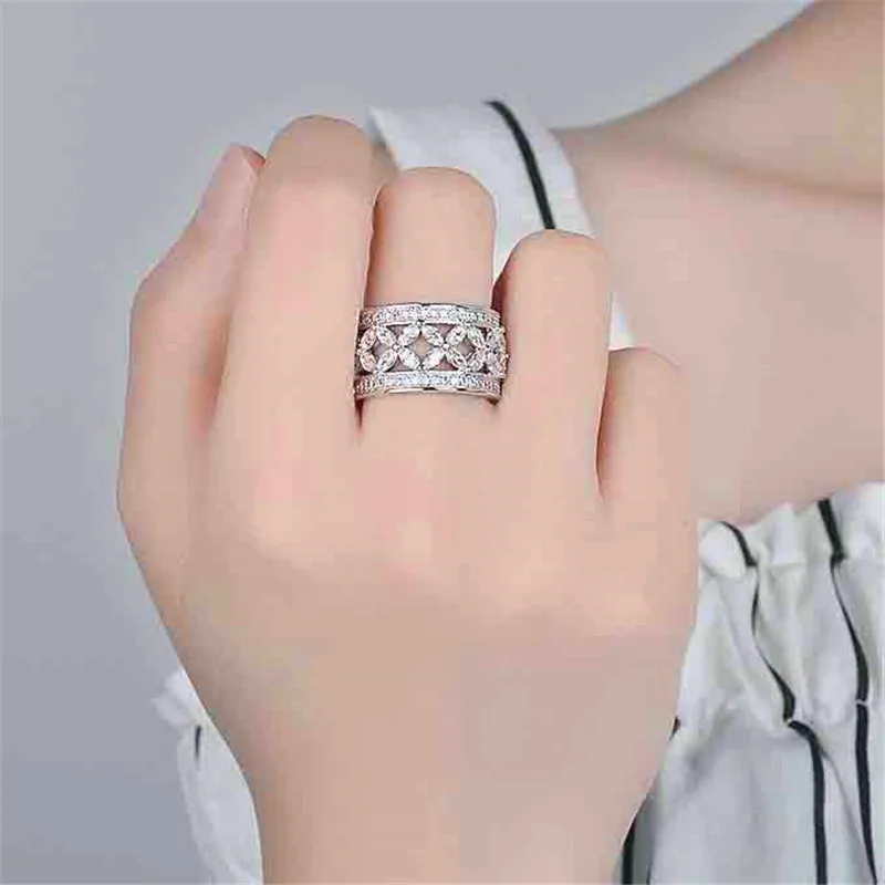 JUNXIN OL Female Crystal Butterfly Flower Big Rings For Women 925 Silver Filled White Zircon Horse Eye Stone Engagement Ring CZ