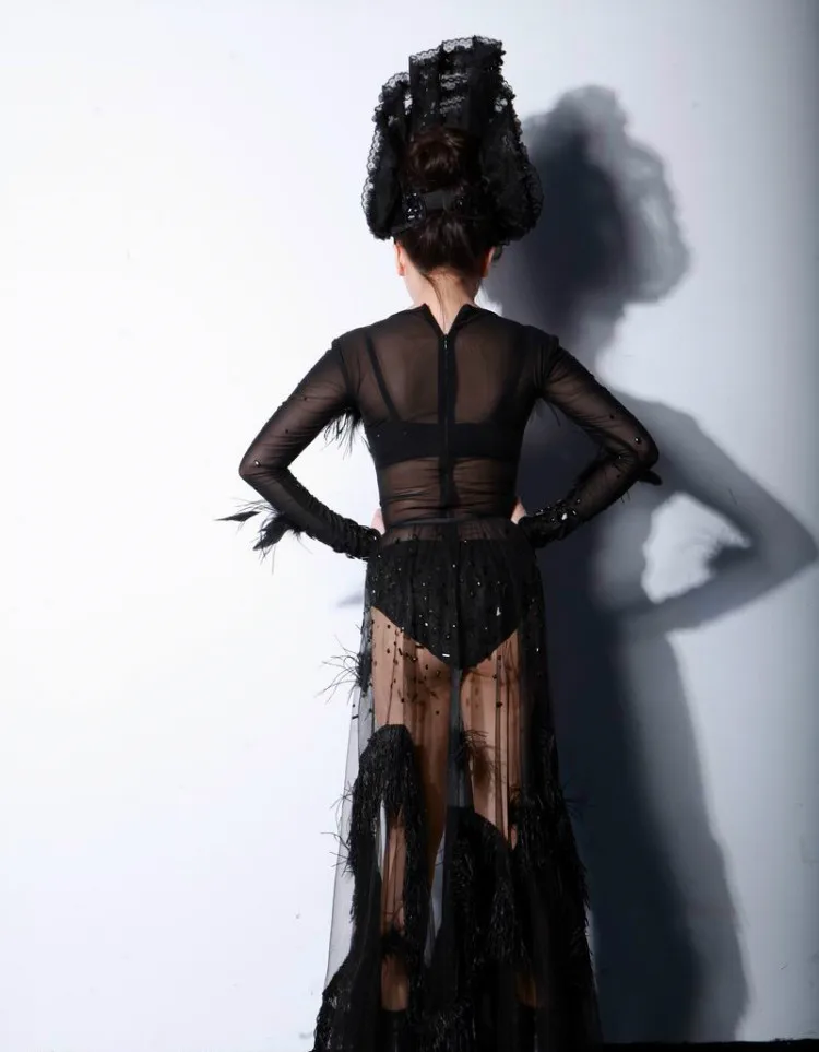 Высококачественный Женский сценический костюм для ночного клуба, черные стразы с кисточками боди, сексуальная прозрачная сетчатая мантия, вечерние костюмы для подиума