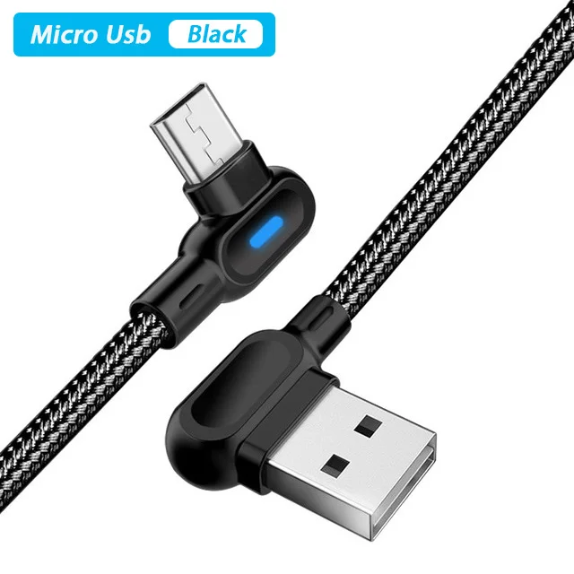 25 см 1 м 2 м 90 градусов mi cro Usb type C кабель для быстрой зарядки Usbc mi crousb кабель Led Usb C для Xiaomi mi A3 Red mi 8 Note 7 K20 Pro - Color: Black Micro Usb