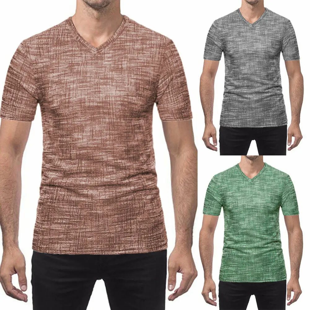 

Men's V Neck Short Sleeve Tops Slim Fit Muscle Training Casual solid Shirt
