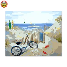 Его описание региональной цветной живописи цветные акриловые цветные картины цифровой живописи пляж велосипед забор