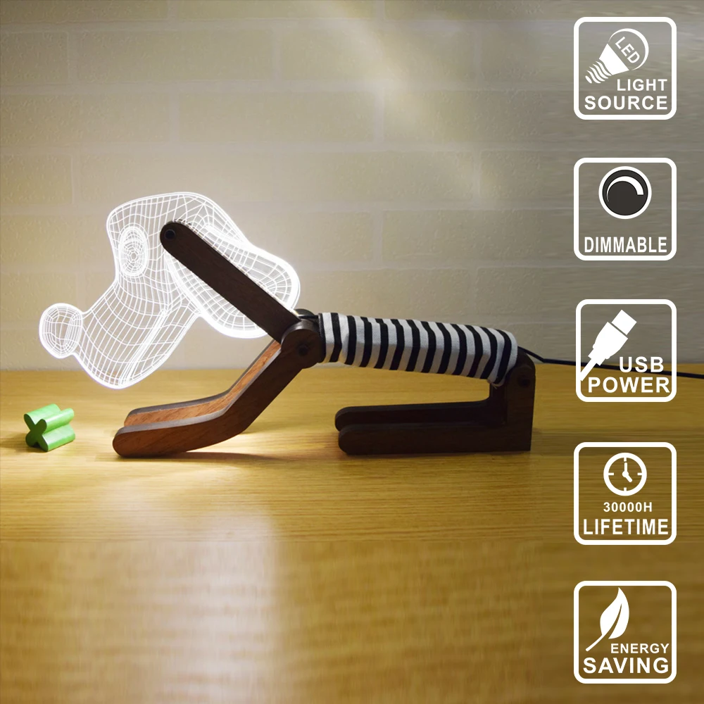 La vie moderne lampe de table décor lampe bois led ampoule chien lumière acrylique 3d lampe