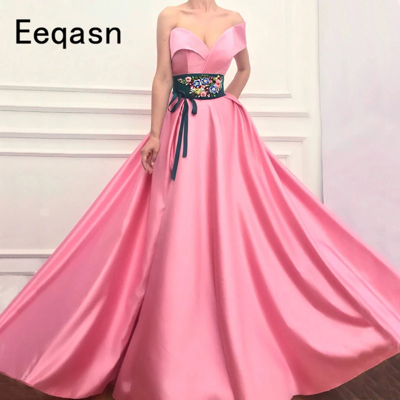 

Pink Long Prom Dress 3D Flower Sashes Elegant Woman Satin A Line Evening Party Dresses vestidos de graduacion largos 2018