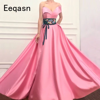 

Pink Long Prom Dress 3D Flower Sashes Elegant Woman Satin A Line Evening Party Dresses vestidos de graduacion largos 2020