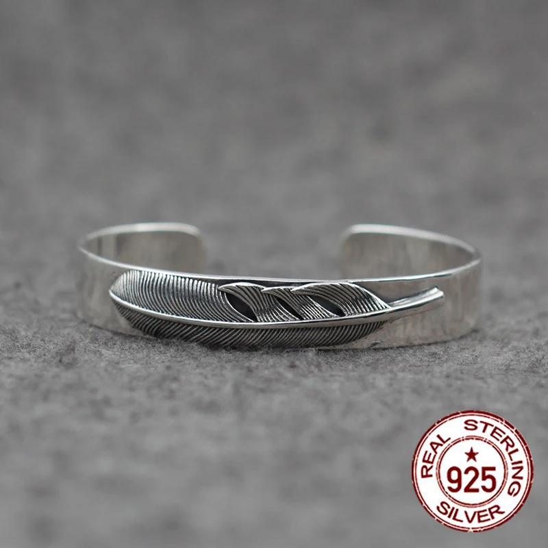 

Sterling Silver Open Bangle personalized retro fashion Indian feather style high-end carved simple bracelet to send a gift love
