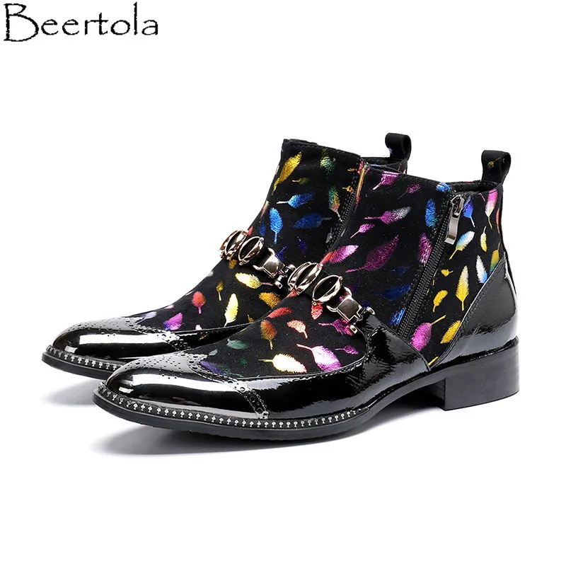 Patchwork Los Ante Multiple Nuevos Zapatos Moda Gran De Vaca Hombre Cabeza La Metal Chaussure Beertola Tobillo Hombres Botas Plumas 6gPB6U4