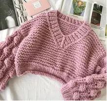 Women Lantern Sleeve Ball Short Sweater Streetwear Female High Waist Vintage Knitting Pullover Women Lantern Sleeve Ball Short Sweater Streetwear Female High Waist Vintage Knitting Pullover