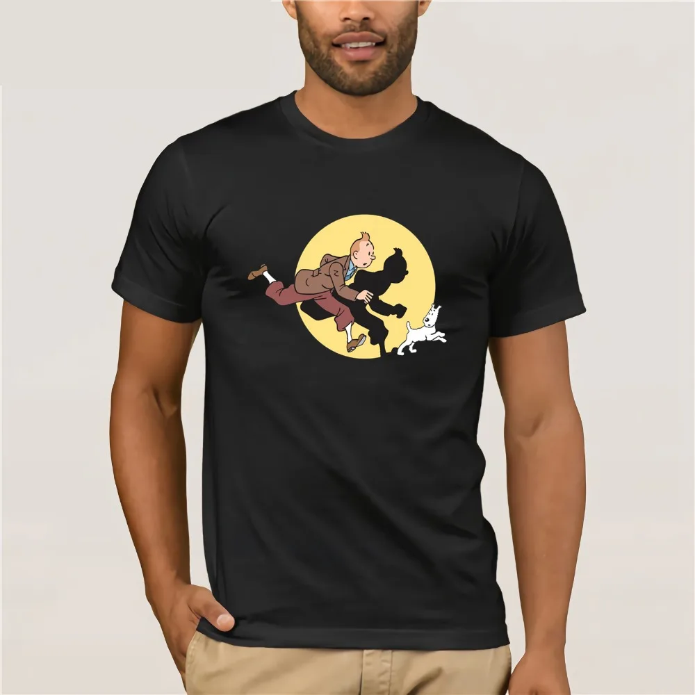 

New Popular The Adventure of TinTin Men's Black T-Shirt Size S-3XL Pure Cotton Round Collar Men Top Tee T Shirt Plus Size