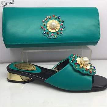 

Hot sale green African medium heel slipper shoes and bag set with pearls GY31, heel height 4cm