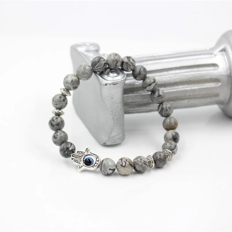 Antique Silver Color Hand of Fatima Hamsa Charm Bracelet Mala Marble Stone Bead Evil Eye Elastic Bracelet for Men & Women Gift 5