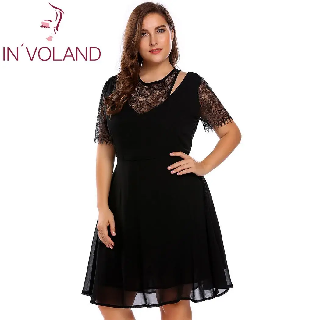 

IN'VOLAND Plus Size Women Lace Dress Spaghetti Strap Short Sleeve Patchwork Cold Shoulder A-Line Large Dresses Big Size L-4XL