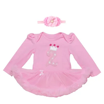

2PCs per Set Solid Pink Long Sleeves Baby Girls Second Birthday Tutu Dress Rhinestone Flower Headband 0-24Motnths