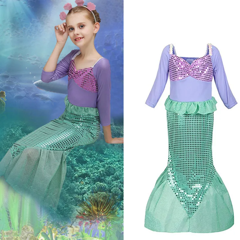 

Girls Sequins Dress Little Mermaid Princess Ariel Costume Dress up Fancy Party Gown Dress for Girl with Mermaid Corn purse
