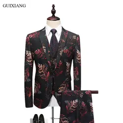 Новый стиль Для мужчин бутик костюм платье Высокое качество Бизнес Повседневное растительный узор одна кнопка костюм из трех частей