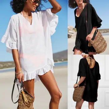 

Women Girls V-Neck Bathing Suit Bikini Swimwear Cover Up Tops Casual Beach Dress